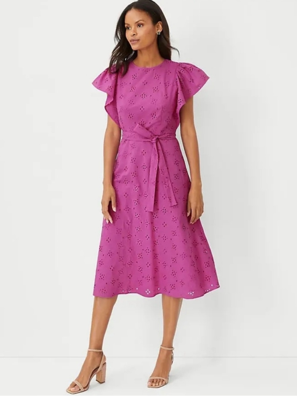 Ann Taylor Magenta Eyelet Midi Dress with Tie Waist